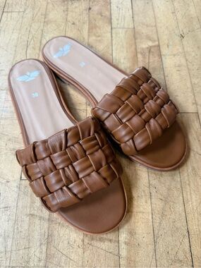 FORTRESS OF INCA Woven Leather Slides Slip On Sandals Tan Brown Minimal Boho 7